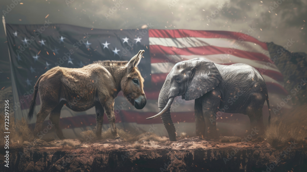 Donkey and Elephant with American Flag, Political Party Representation, Generative AI