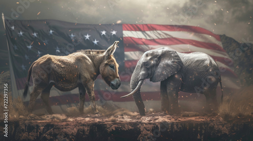 Obraz na płótnie Donkey and Elephant with American Flag, Political Party Representation, Generative AI w salonie