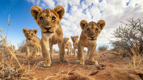 Group of young lions curiously looking straight into the camera in the desert  ultra wide angle lens