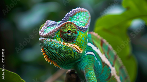 Green coloured chameleon in natural background.