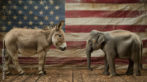 Donkey and Elephant with American Flag, Political Party Representation, Generative AI