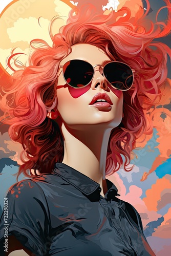 Stylish and vibrant fashion portrait of a beautiful woman with pink hair wearing trendy sunglasses, set against a playful pink background
