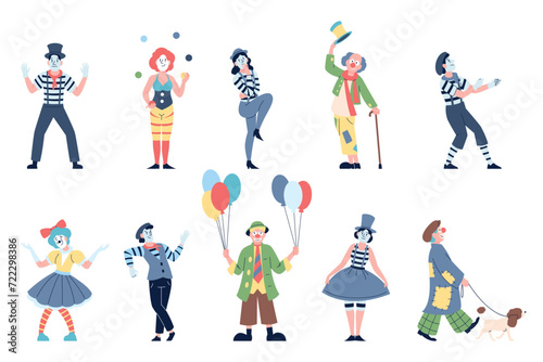 Mimes and clowns. Circus characters, mime clown in bright costumes. Performance or entertainment artists, street theater actors recent vector set