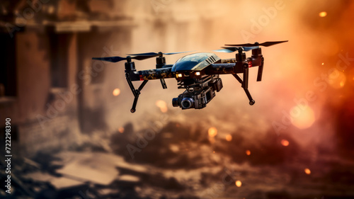 Military drone over burning buildings © Kondor83