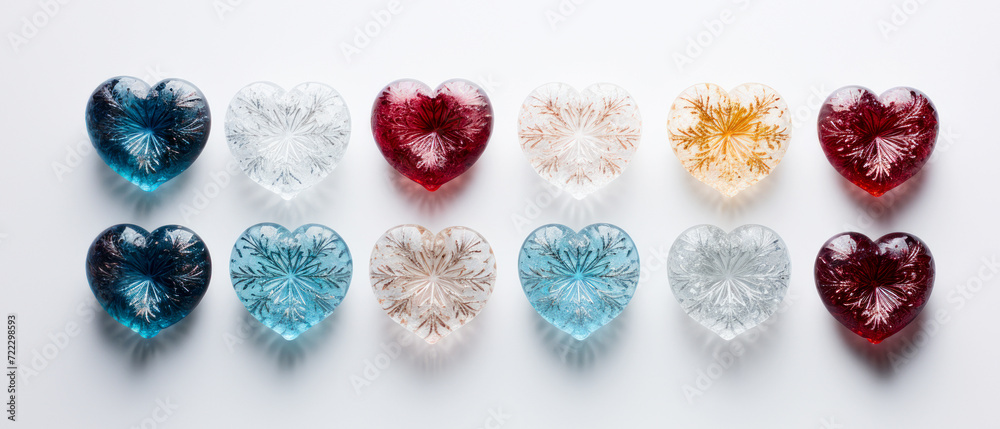 Set of heart-shaped gemstones on white surface Set of heart-shaped gemstones on white surface