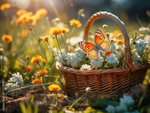 A wicker basket with flowers and a beautiful butterfly in the grass of a meadow on a sunny day. Natural summer background  copy space