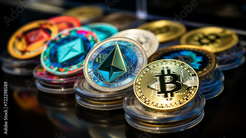 different cryptocurrency on the table. litecoin, bitcoin and ethereum. altcoin