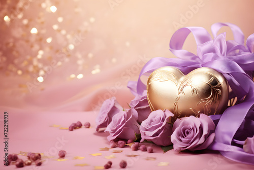 Valentine s day concept banner with a golden heart  lilac roses and ribbons on a light lilac background with twinkling lights. Copy space for text.