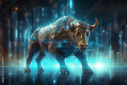 illustration of neon bull on chart background for business concept. Graph Stock Trading, crypto currency © zamuruev