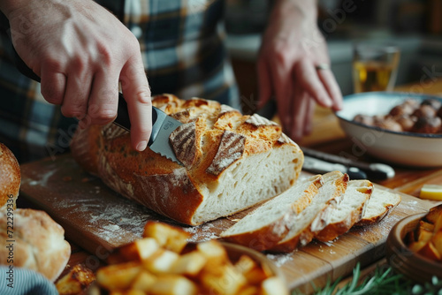 Close-up of a Man Skillfully Slicing Bread at the Dining Table, Emphasizing the Artistry and Pleasure of Culinary Craftsmanship."