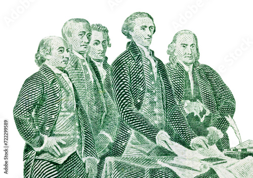 Isolated macro of colonial leaders presenting the Declaration of Independence to Congress. Cut out from the back of the US two dollar bill. photo