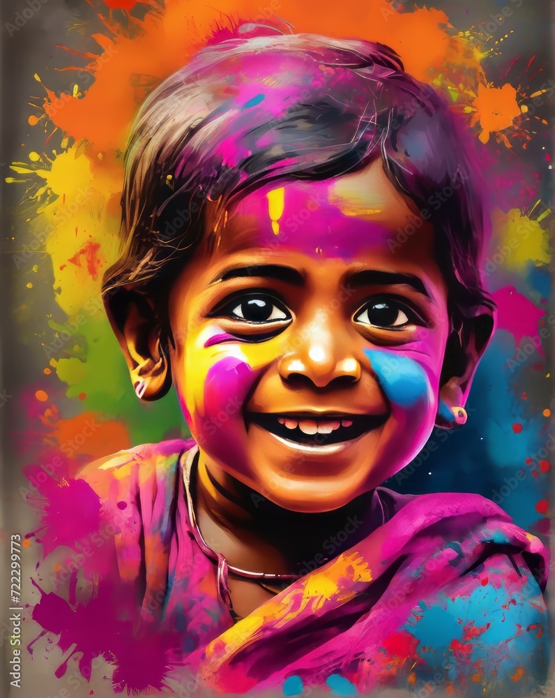 Colorful depiction of Holi, showcasing the festivity through child faces adorned with vibrant colors during the Indian Holi festival.