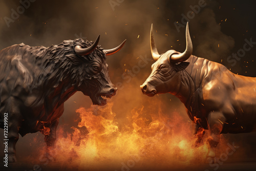 two golden bulls sculptures like symbol representing financial market trends, crypto currency market