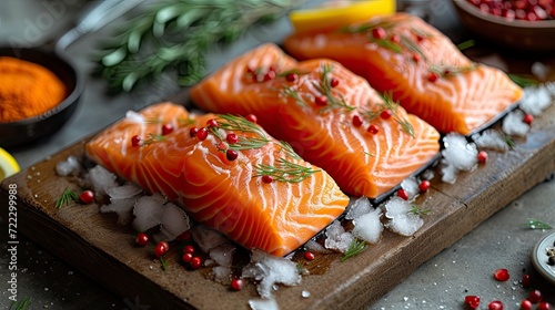 Perfectly salmon fillets. frozen food seafood.