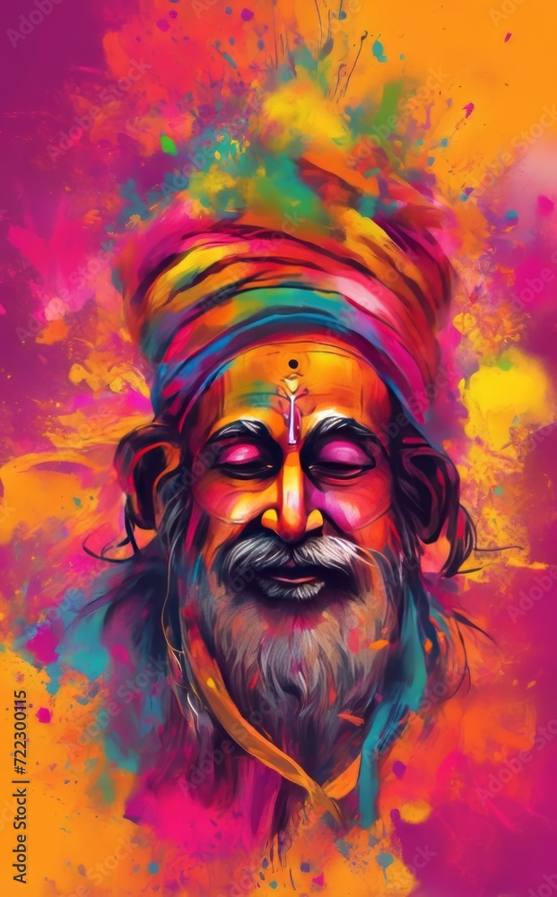 Colorful depiction of Holi, showcasing the festivity through faces adorned with vibrant colors during the Indian Holi festival.