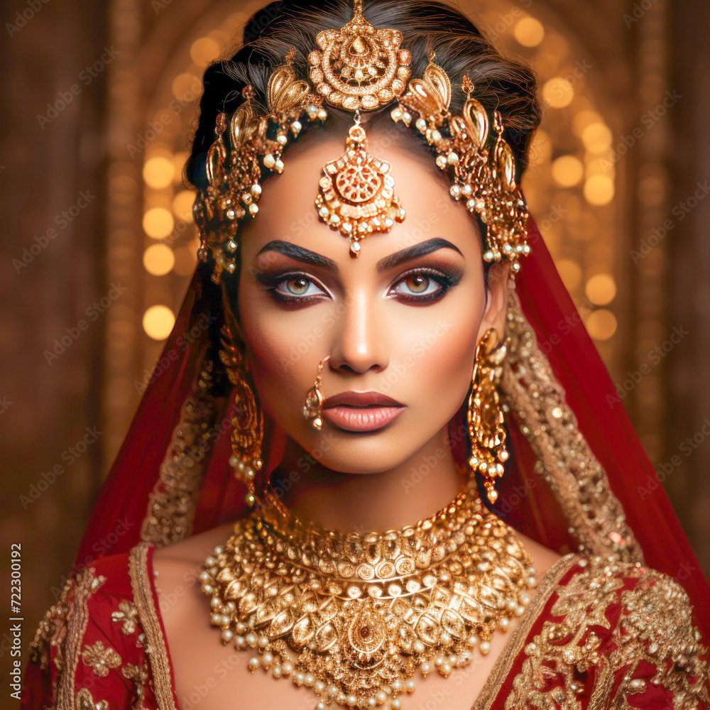 Young beautiful indian woman in traditional wear and jewelry
