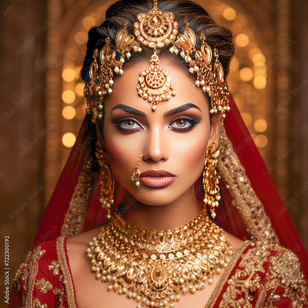 Fototapeta premium Young beautiful indian woman in traditional wear and jewelry