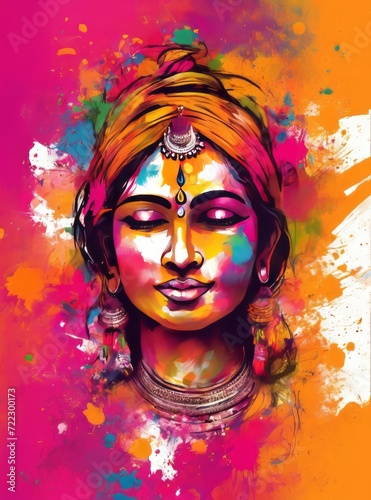 Colorful depiction of Holi, showcasing the festivity through female faces adorned with vibrant colors during the Indian Holi festival.