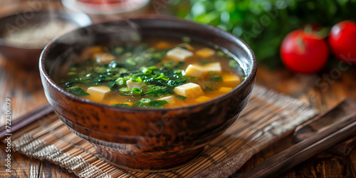 traditional japanese miso soup with tofu and spring onions, hot and tasty photo