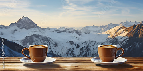 Single tea or coffee mug and landscape of mountains on background. cup of hot drink with snowly look ,Coffee mountains on table, photo