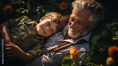 Grandfather and grandson relax in nature among flowers