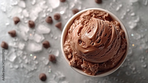 Delicious chocolate ice cream with ice cubes and choco chips, sweet dessert background.