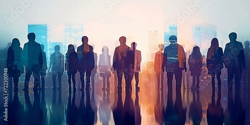 People and network, silhouette of people looking at a city to learn more about business, digital mixed media. ai generated
