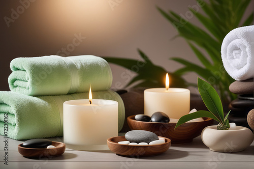 Spa equipment set with soft lights emphasis on a luxurious and clean atmosphere. Spa products are placed in the spa room. Luxurious resort. Towel with herbal bag and beauty treatments