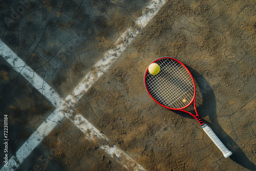 Tennis racket and new tennis ball on a brown clay court Stock Photo © Elizaveta
