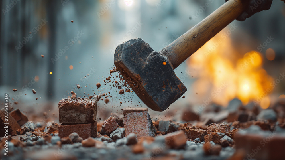 Close-up of a sledgehammer breaking a wall - obrazy, fototapety, plakaty 