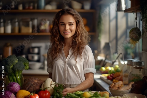 A young smiling woman stands in the kitchen among various vegetables about to cook