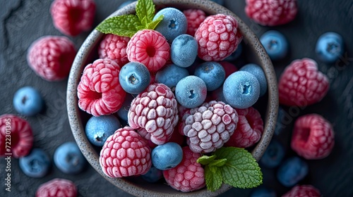 Frozen Berry Medley: Strawberries, Blueberries, frozen berries background.