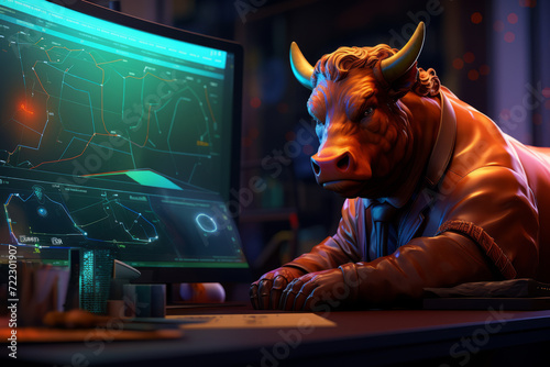 businessman bull looking on chart on monitor. Graph Stock Trading, cryptocurrency