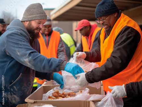 Feeding the poor into the hands of a beggar. Poverty concept. Volunteers distributing food to poor people outdoors.