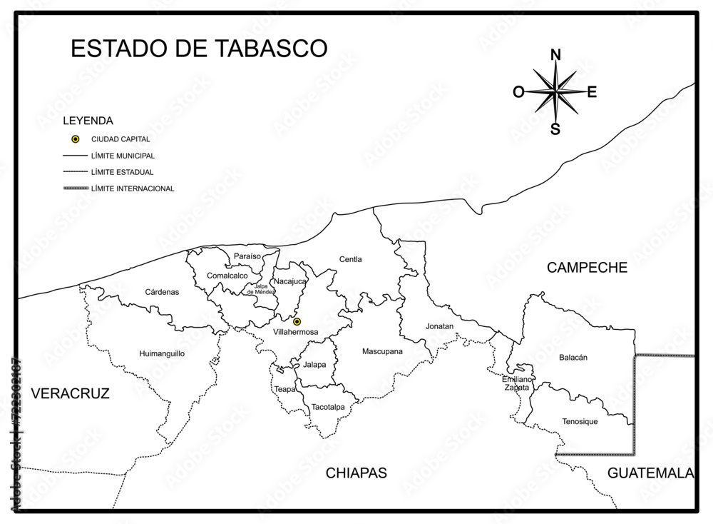 Map of the State of Tabasco with political division, in Mexico