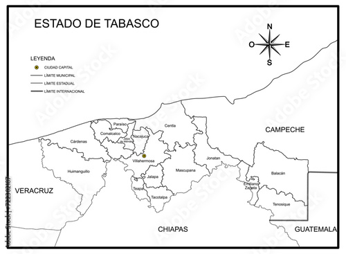 Map of the State of Tabasco with political division  in Mexico