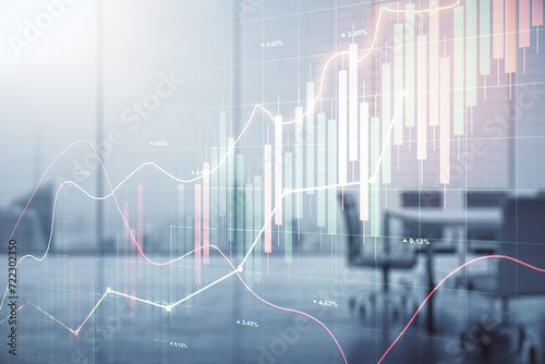 Double exposure of abstract creative financial chart hologram on a modern meeting room background, research and strategy concept photo