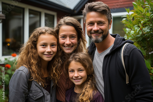 Family of four, a man, woman and two girls, pose for a photo in front of a house, Embracing Life in Front of a Charming Home