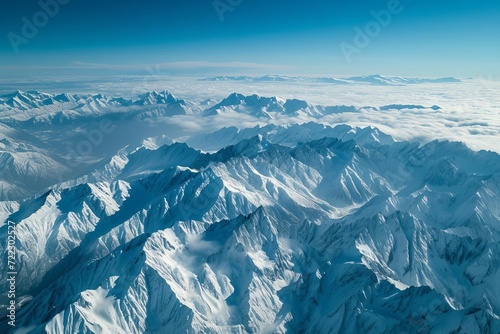 Aerial view of a majestic mountain range with snowy peaks