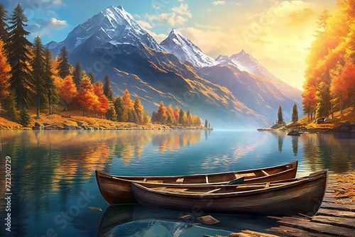 Wooden boat on the lake in the mountains at sunset,  Colorful autumn landscape