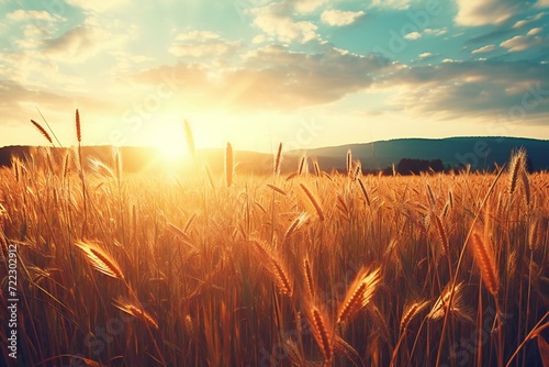Beautiful sunset over wheat field,  Nature background,  Vintage toned © Urban