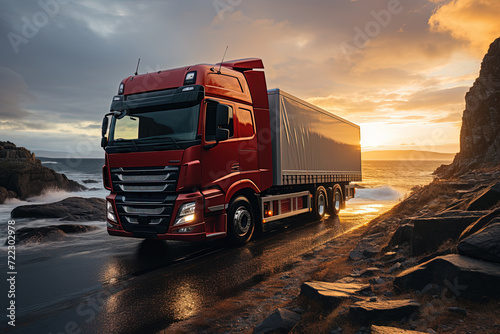 Crimson Voyager: A Vibrant Red Truck Gliding Along the Coastal Highway Surrounded by Majestic Ocean Waves.