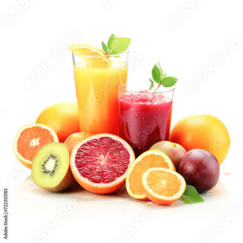 mixed fruit juice glass with fruit on white background