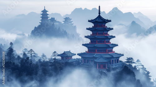 buddhist temple in the fog photo