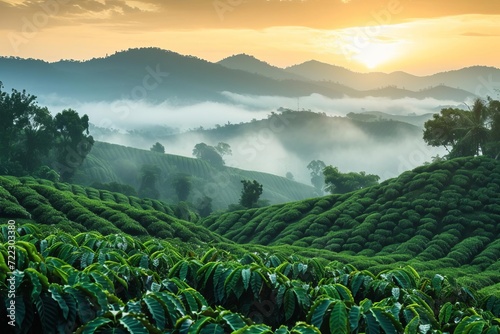 Aromatic coffee plantation at sunrise with misty hills