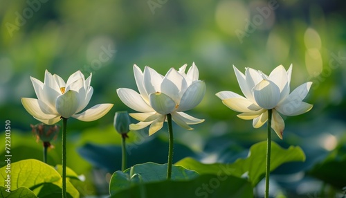 a photo of three white lotuses in different stages