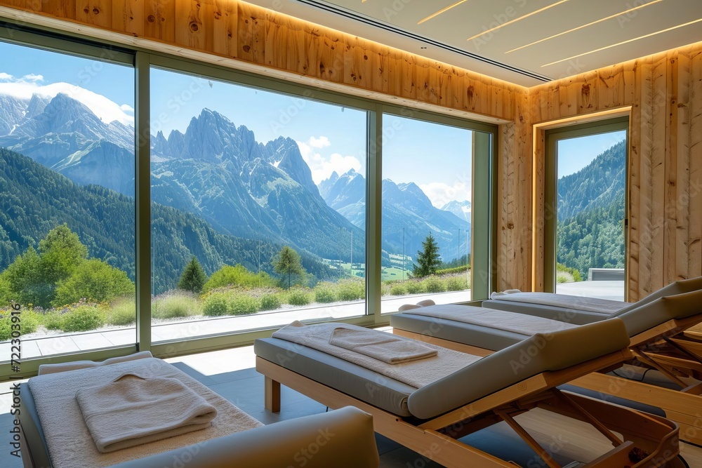 Luxurious alpine spa with mountain silhouettes and herbal treatments