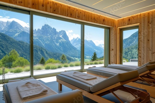 Luxurious alpine spa with mountain silhouettes and herbal treatments © Bijac