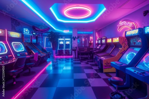 Modern cyber arcade with virtual reality challenges and neon ambiance