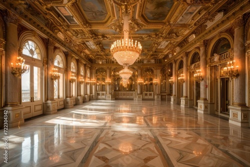 Opulent renaissance ballroom with gilded mirrors and grand chandeliers